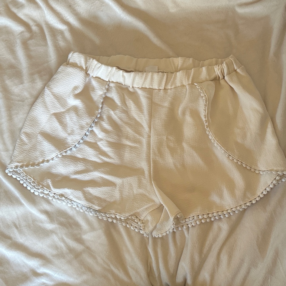 Cream Pom-Pom Trim Shorts